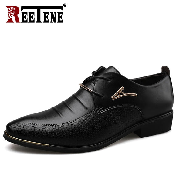 REETENE Men'S Leather Formal Shoes Lace Up Dress Shoes Oxfords Fashion Retro Shoes Elegant Work Footwear Men Dress Shoes