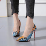 ZHENZHOU 10CM PUMPS 2019 spring color snakeskin pattern super high heels stiletto shallow mouth pointed sexy women's shoes