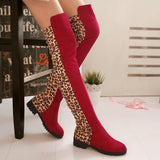 Women's Leopard High Boots Winter Long Tube Boot 2019 Lady Stylish Sexy Over-the-Knee Low Heel Shoes Thigh-High Suede Boot Party