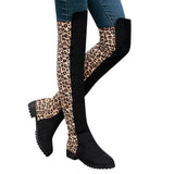 Women's Leopard High Boots Winter Long Tube Boot 2019 Lady Stylish Sexy Over-the-Knee Low Heel Shoes Thigh-High Suede Boot Party