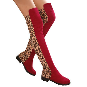 Women's Leopard High Boots Winter Long Tube Boot 2019 Lady Stylish Sexy Over-the-Knee Low Heel Shoes Thigh-High Suede Boot Party