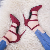 2019 new pointed high-heeled shoes with shallow mouth word buckle with women's shoes suede large size single shoes ol